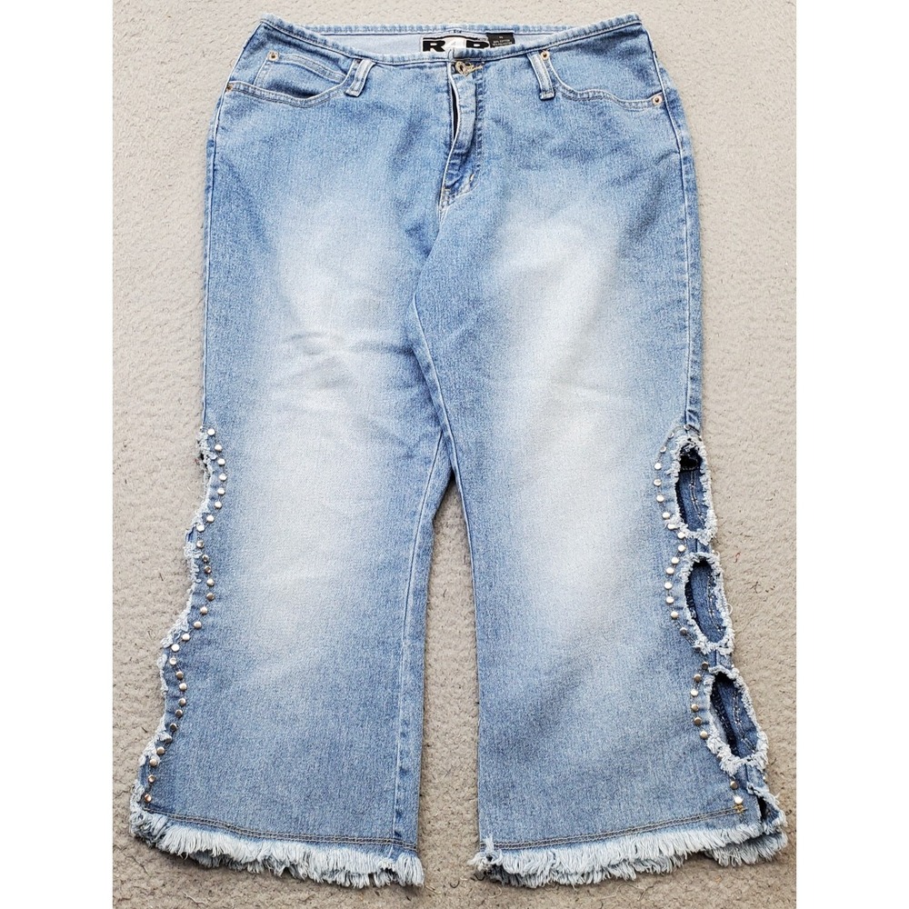 R4R Rave Crop Jeans Womens 11 Blue Light Wash Studded Cutout Raw Hem Flare Leg